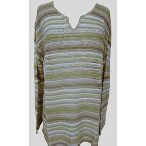 J. Jill Open Weave Textured Stripes Pullover V-Neck Top Neutral Tones Sz L NEW